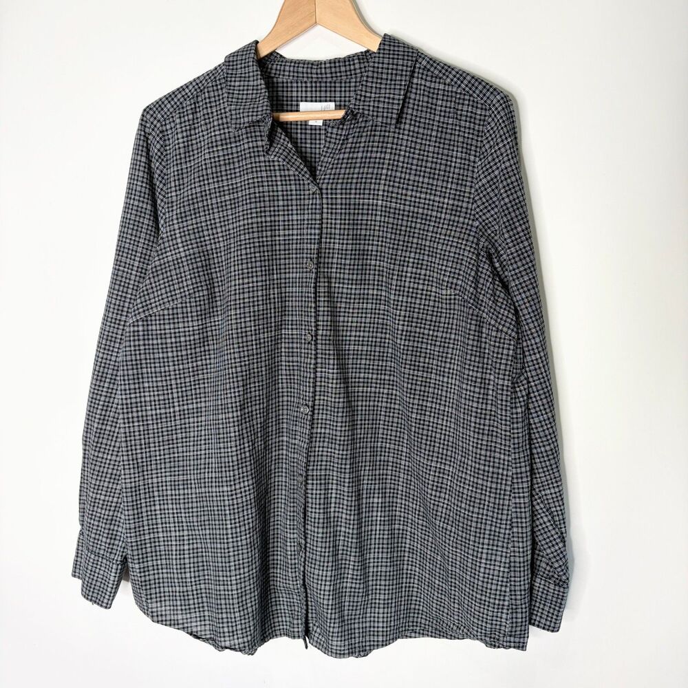 J Jill Button Up Blouse Long Sleeve Shirt Light Weight Plaid Black Gray Women M